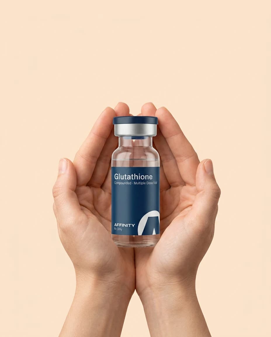Two hands holding an Affinity Glutathione peptide vial